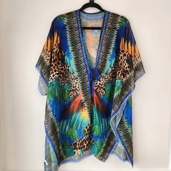 Janice Apparel Sheer Kaftan Poncho Swim Cover Bird Print Toucan Kimono OS - Picture 1 of 7